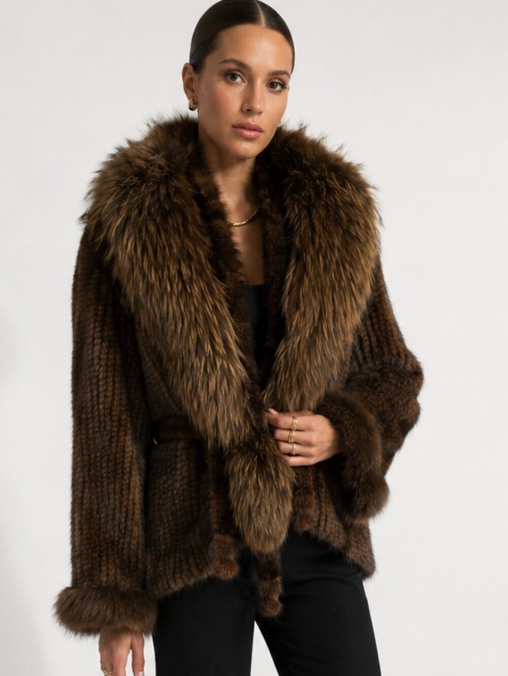 D'Carlo Knitted Mink Sweater Fur Jacket With Mink Neck Tie